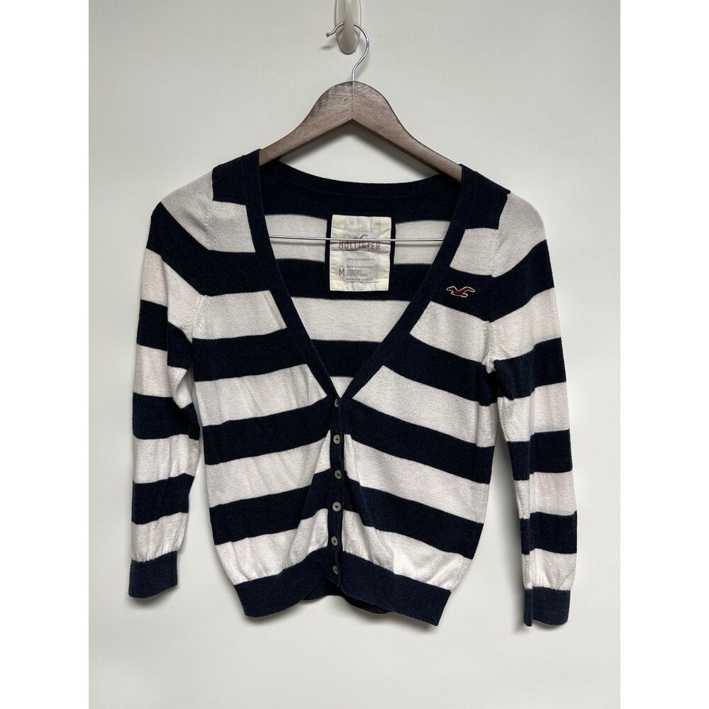 Vintage Y2K Hollister Navy Blue & White Striped Cardigan Womens M Fitted Preppy